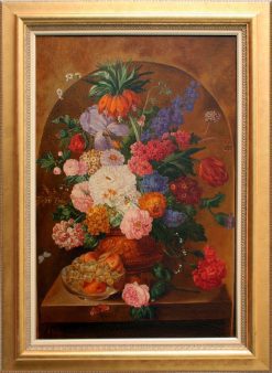 Composizione di frutta e fiori sopra una sporgenza di pietra