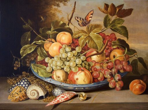 "Pesche, uva, una pera e ribes bianche in una wan-li kraak di porcellana, con conchiglie, una lucertola e una farfalla su una sporgenza"